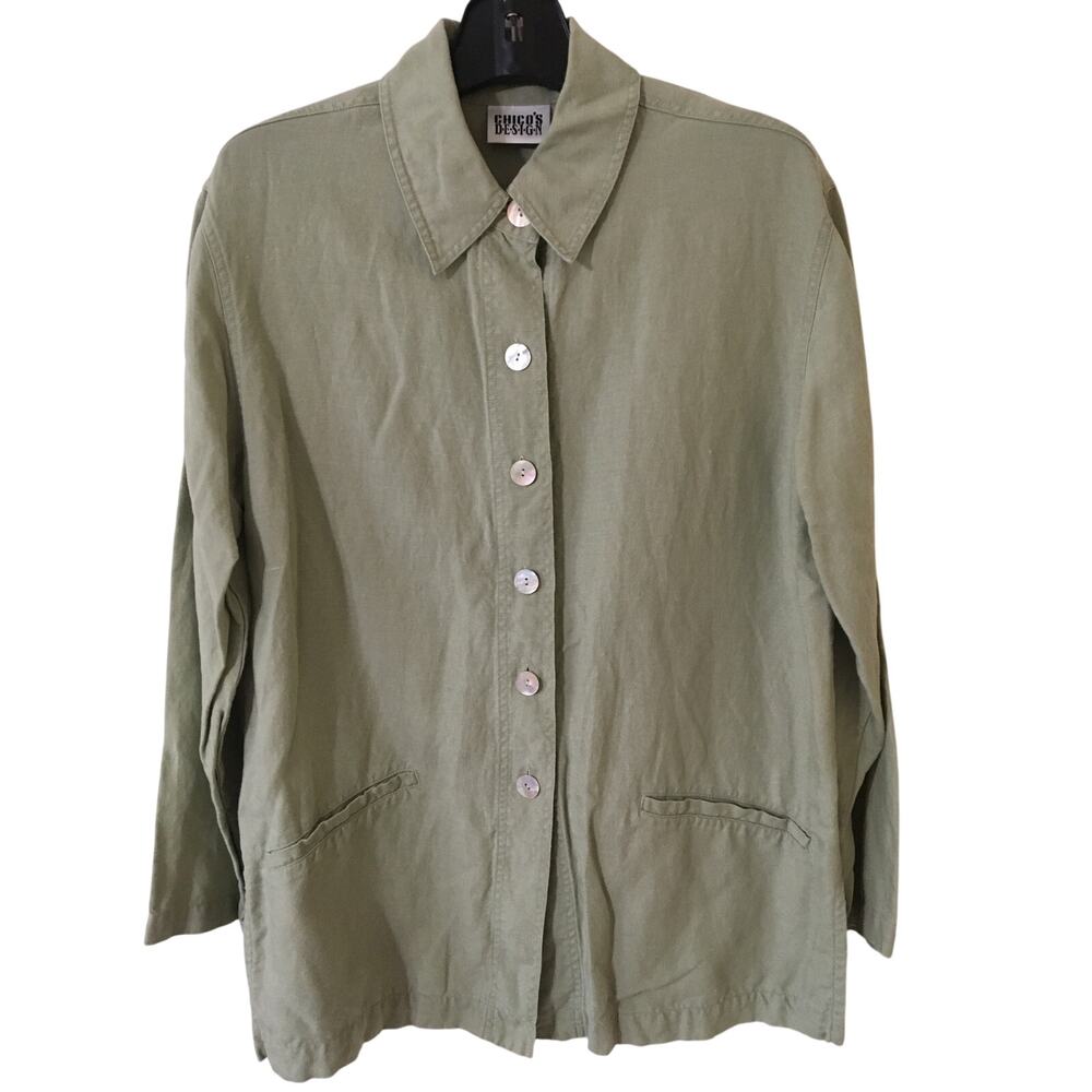 Vintage Chico's Design Linen & Lyocell Size 1 (M) Celery Green Long Sleeve Shirt